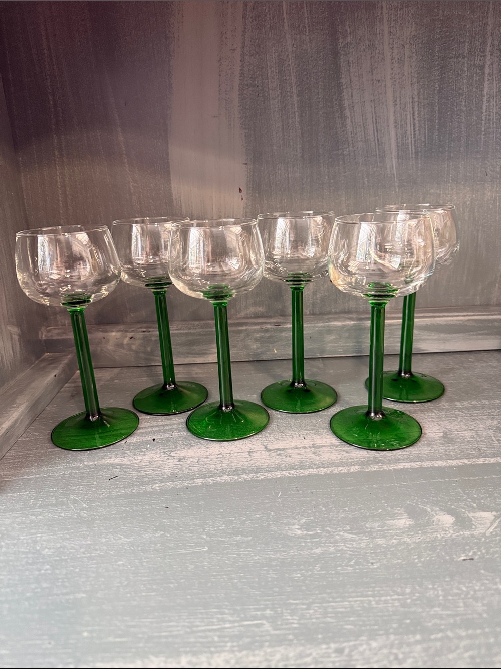 1950s French Luminarc Green Stemmed Wine Glasses- Set 6.